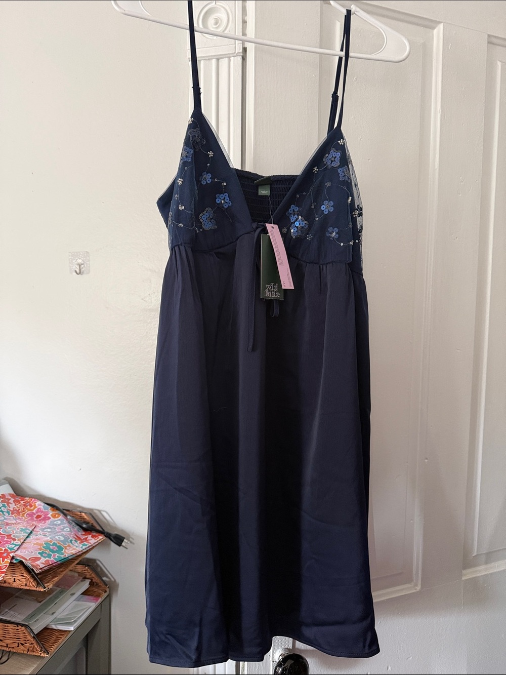 Navy Floral Embroidered Slip Dress